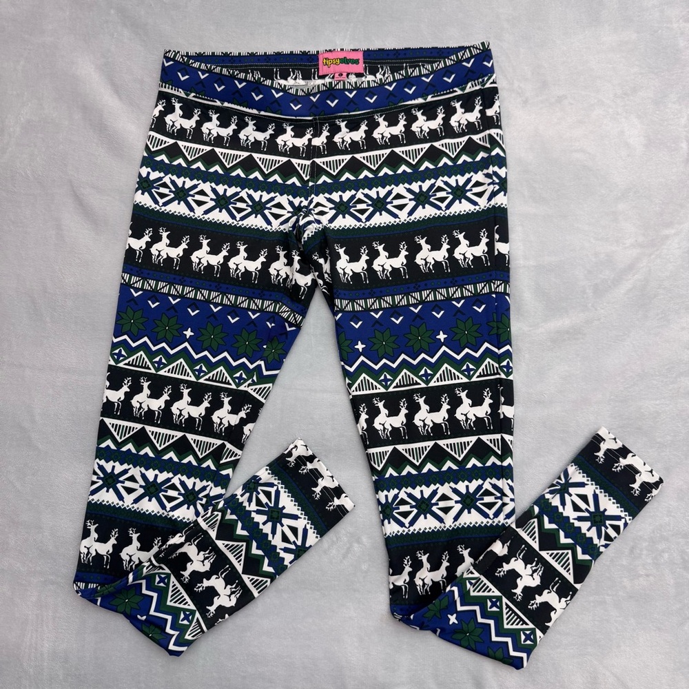 Tipsy Elves Women’s Leggings - Black, Blue, Green Reindeer Pattern